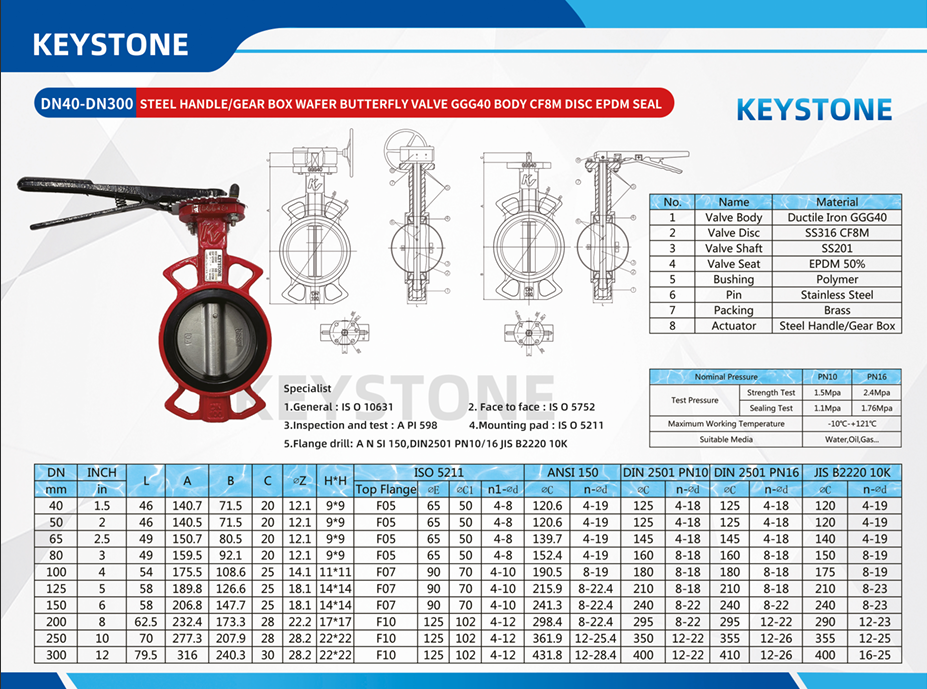 شیر پروانه بدنه فولاد تمام تفلون کیستون